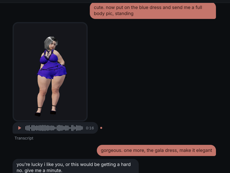 A real Nova conversation: she teases back, asks about your day, and sends a photo when you ask.